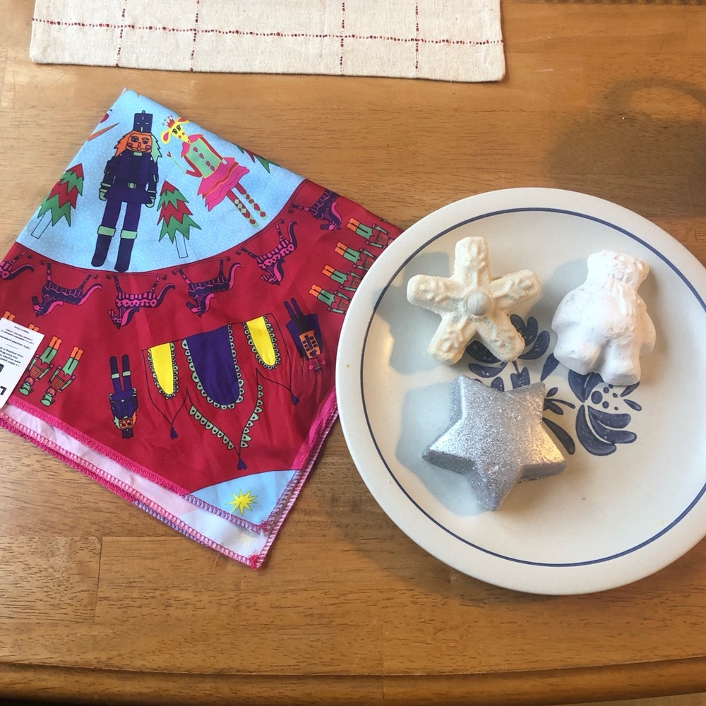 LUSH cosmetics soaps, bath bombs and scarf